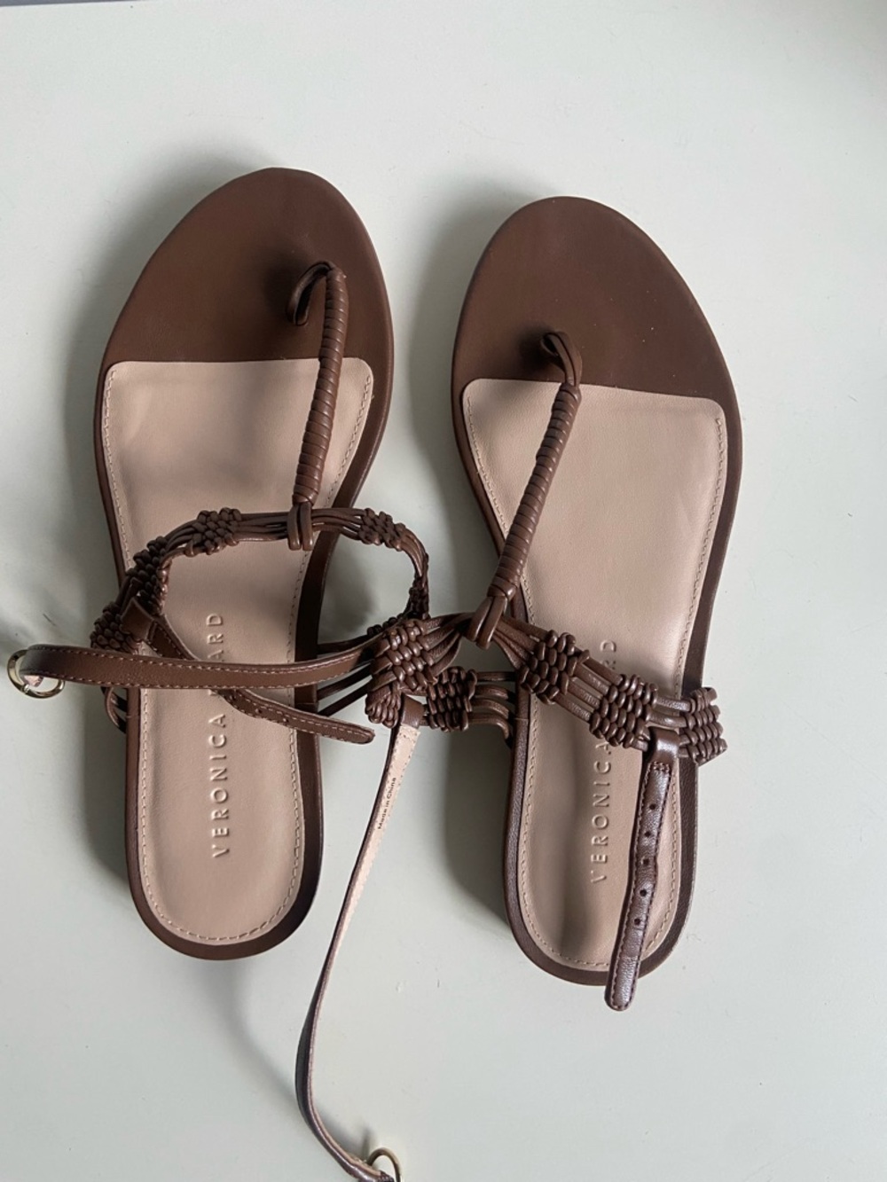 Veronica Beard Chocolate Braided T-Strap Sandals